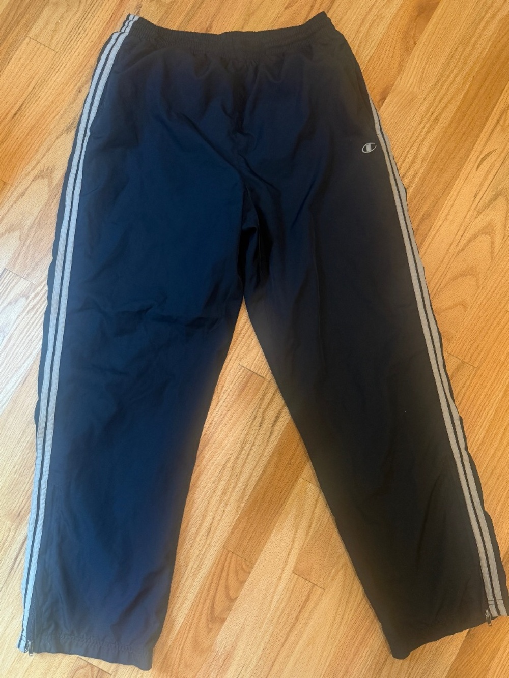 Champion Vintage Navy Blue w/ gray stripes Track Pants Medium mesh lined retro